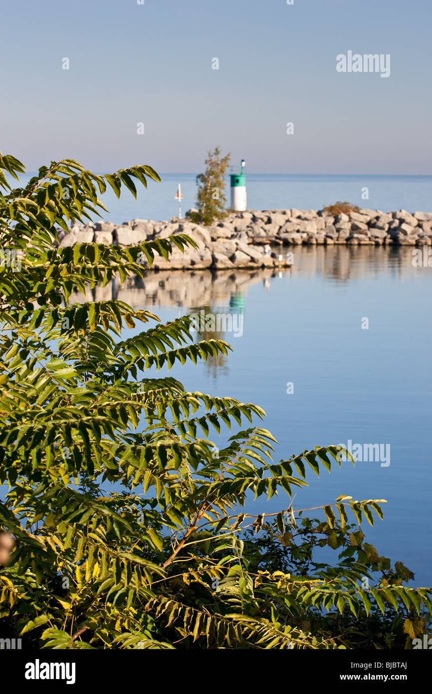 A breakwall in the distance, leaving the water in the foreground still, causing a nice reflection of the rocks. Stock Photo