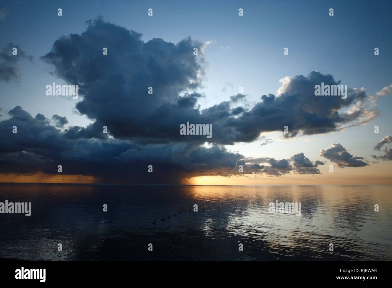 Thunder Clouds over Wadden Sea at Dawn, Texel Island, Holland Stock Photo