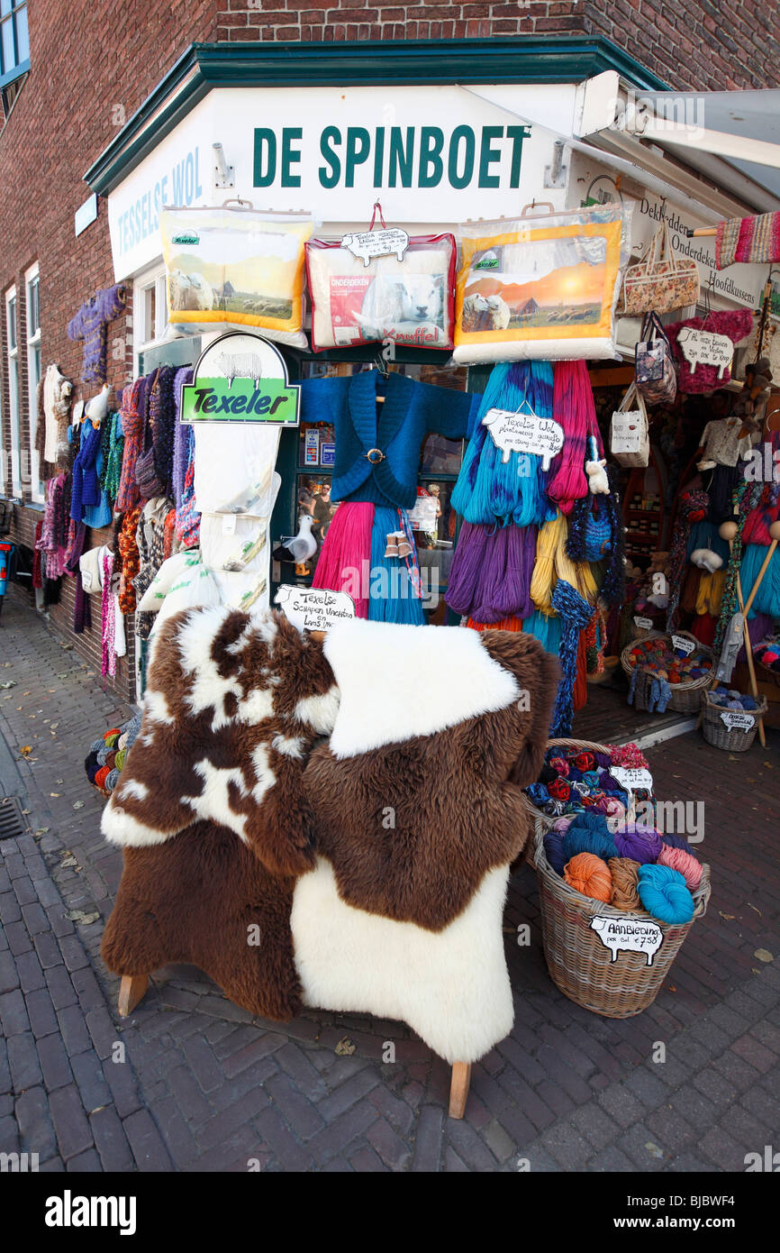 Texel Sheep wool articles for sale, De Koog, Texel Island, Holland Stock Photo