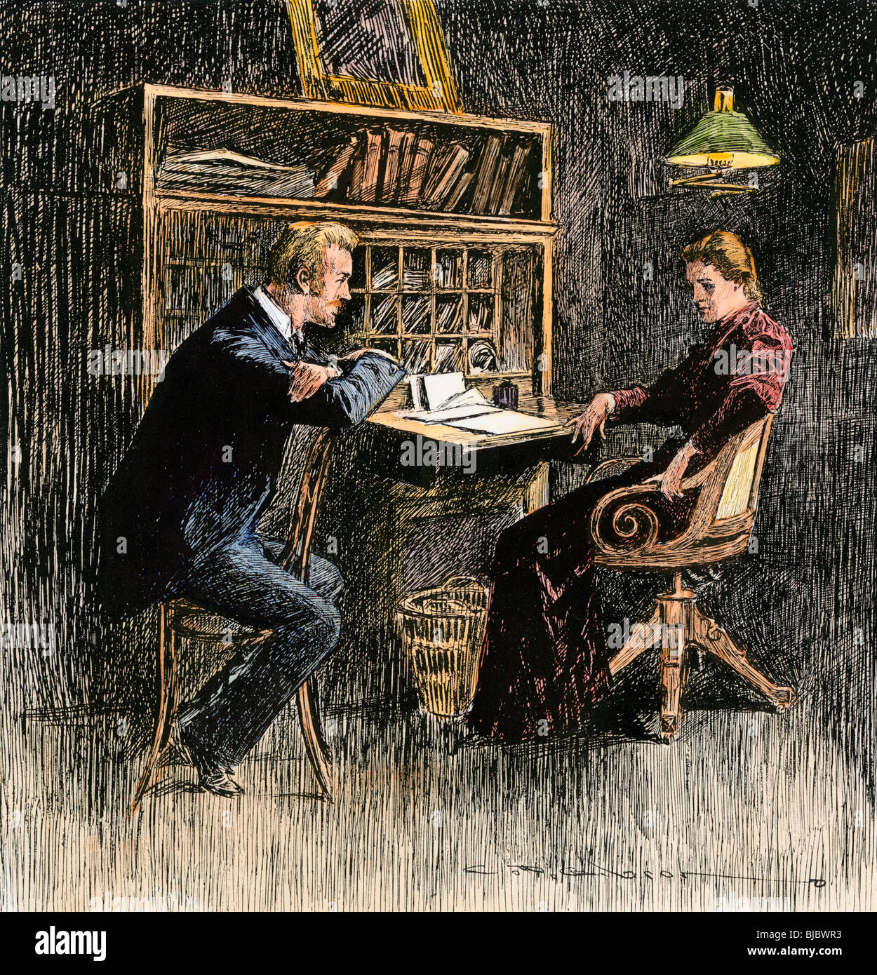 Man and woman at a desk, late 1800s. Hand-colored woodcut Stock Photo