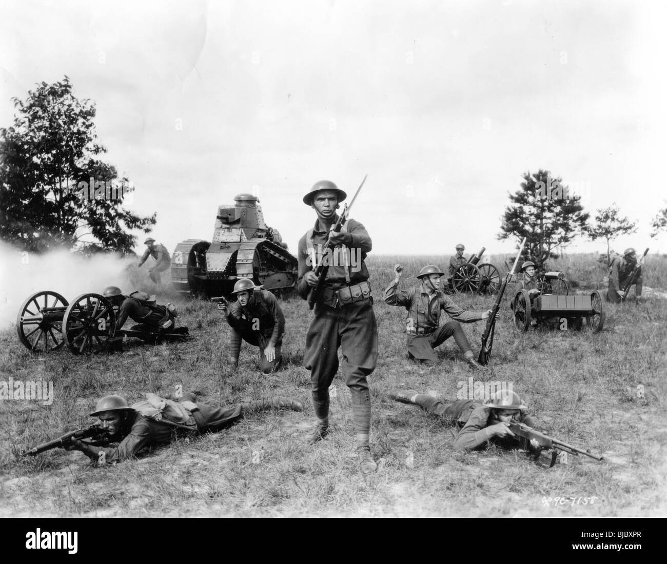 United States Army recruiting photo from 1930. soldiers bayonet war tank sharpshooters military recruitment rifle surreal rifle Stock Photo
