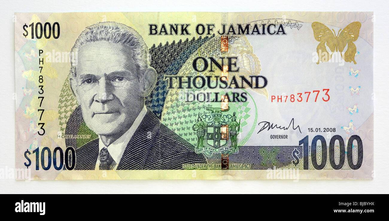 Jamaican One Thousand 1000 Dollar Bank Note. Stock Photo