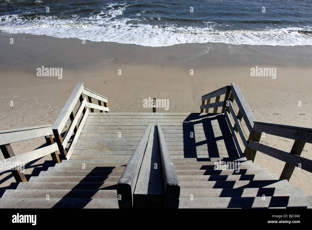 Stairway to the beach, Smith Point Beach on the Atlantic Ocean, Long Island, NY Stock Photo