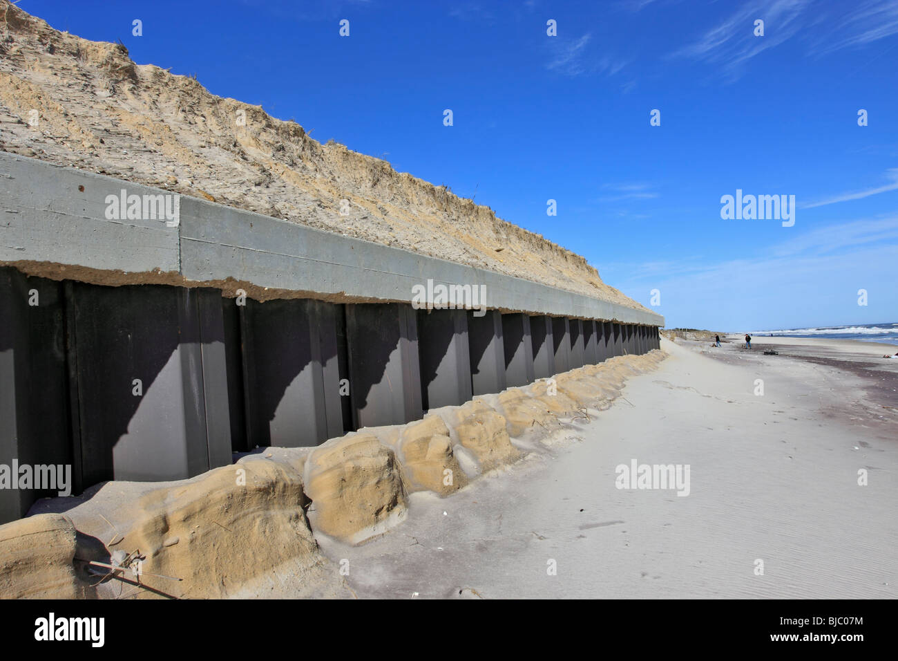 Storm damaged sea wall, Smith Point Beach, Long Island, NY Stock Photo
