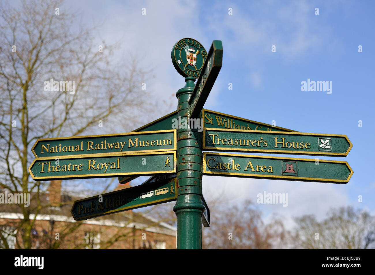 Sign Post York North Yorkshire UK - National Railway Museum Theatre Royal Treasurers House Castle Area Stock Photo