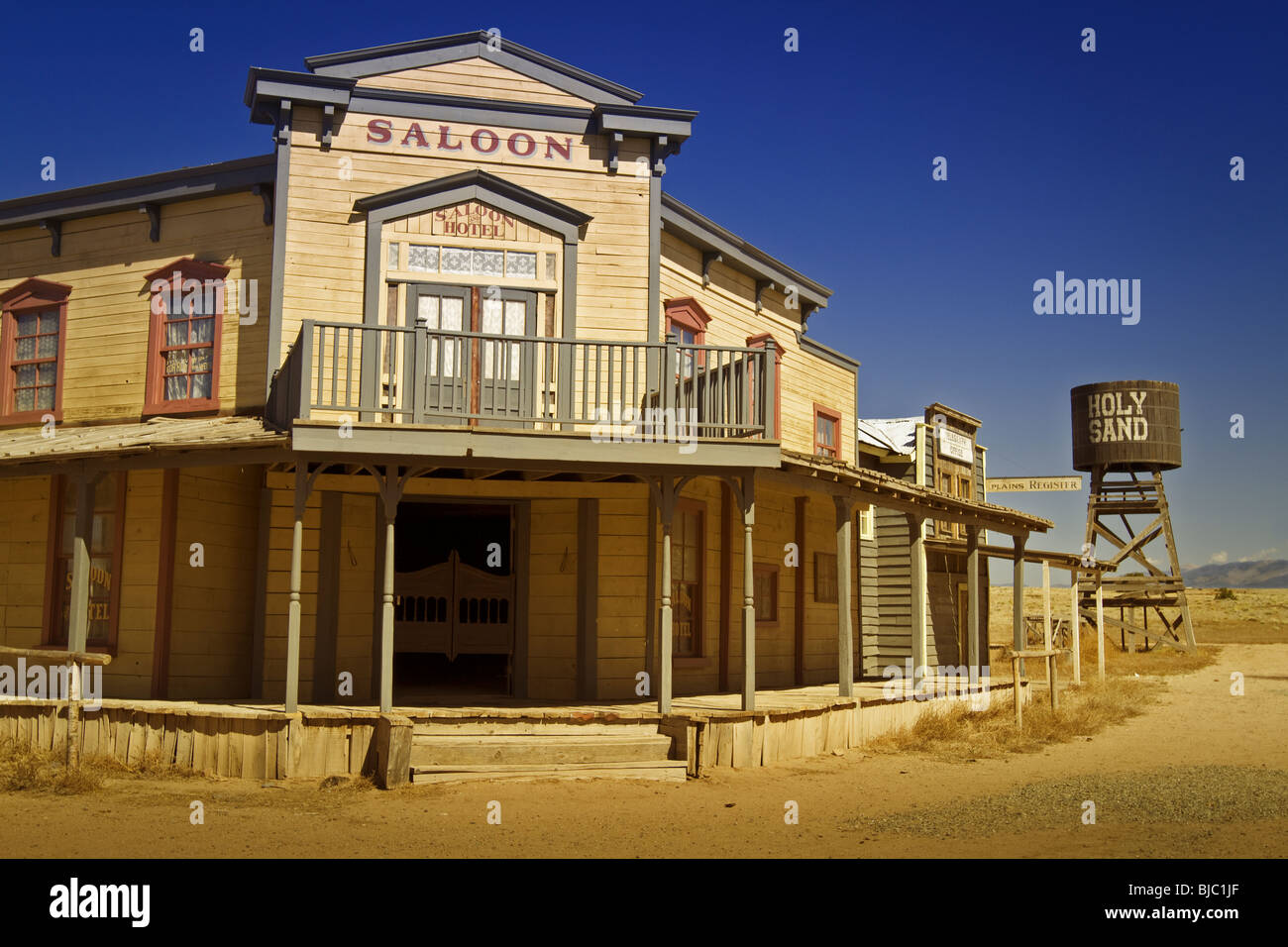 Saloon in western town, which is a permanent and closed movie/TV set outside Santa Fe, New Mexico. Horizontal orientation Stock Photo