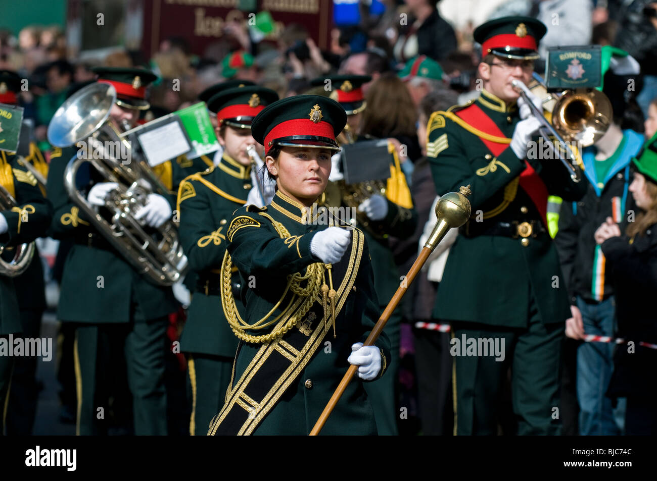 The Romford Drum and Trumpet Corp marching in the St Patricks Day Parade in London. Stock Photo
