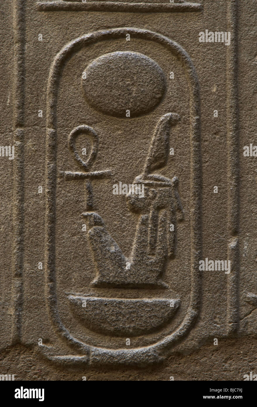 Maat, goddess of wisdom, justice and truth. Royal protocol of Nebmaatre or Amenhotep III. Luxor temple. Egypt. Stock Photo