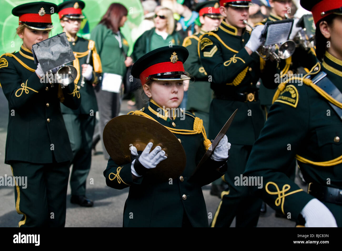 The Romford Drum and Trumpet Corp marching in the St Patricks Day Parade in London. Stock Photo