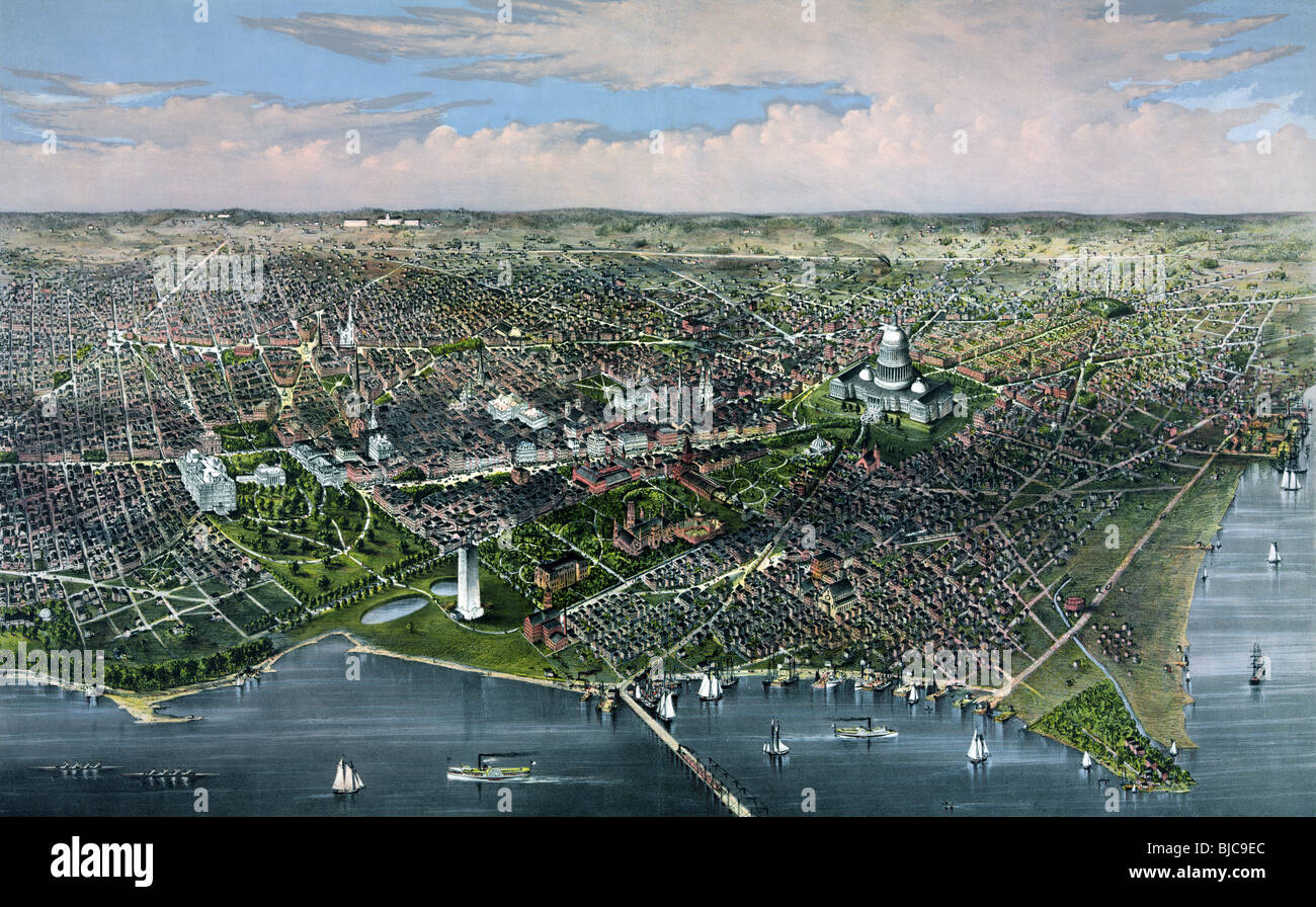 Lithograph colour print circa 1880 showing a bird's eye view of the City of Washington as seen from the Potomac looking north. Stock Photo