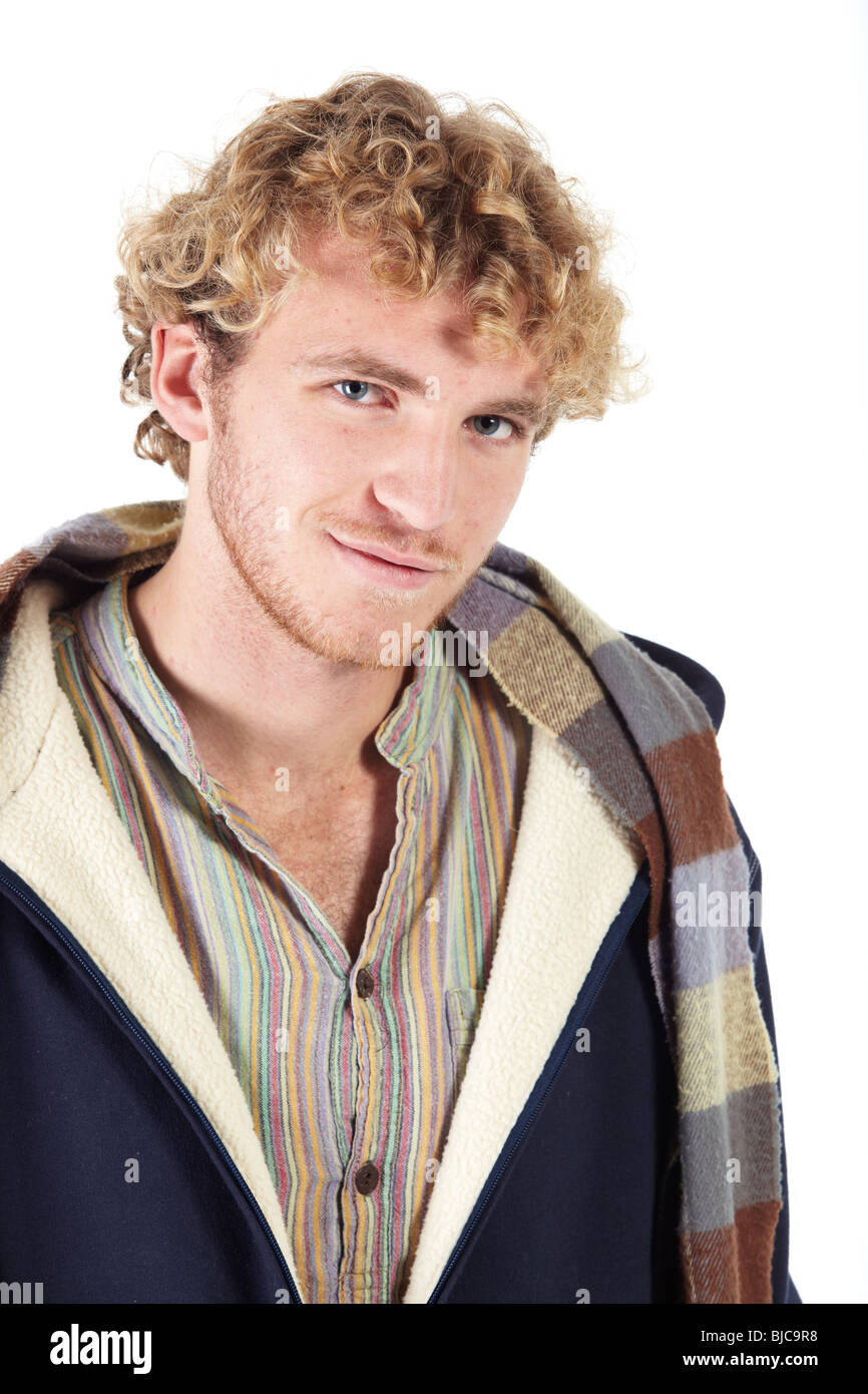 Young adult Caucasian man with curly hair on a white background Stock Photo  - Alamy