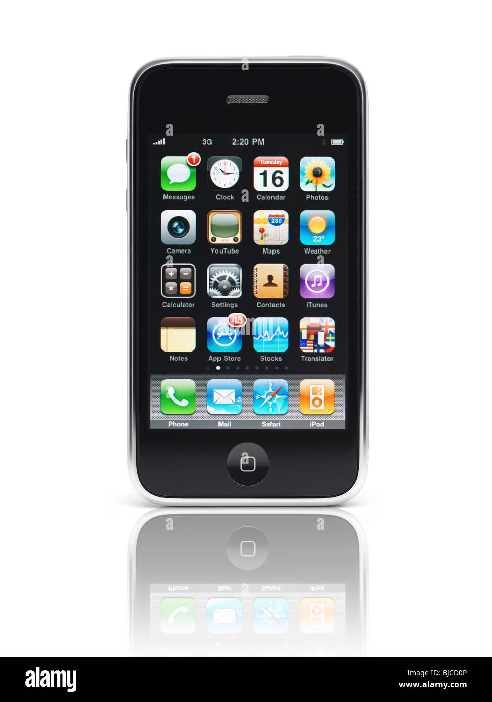 Apple iPhone 3Gs 3G smartphone with apps displayed on the screen isolated with clipping path on white background Stock Photo