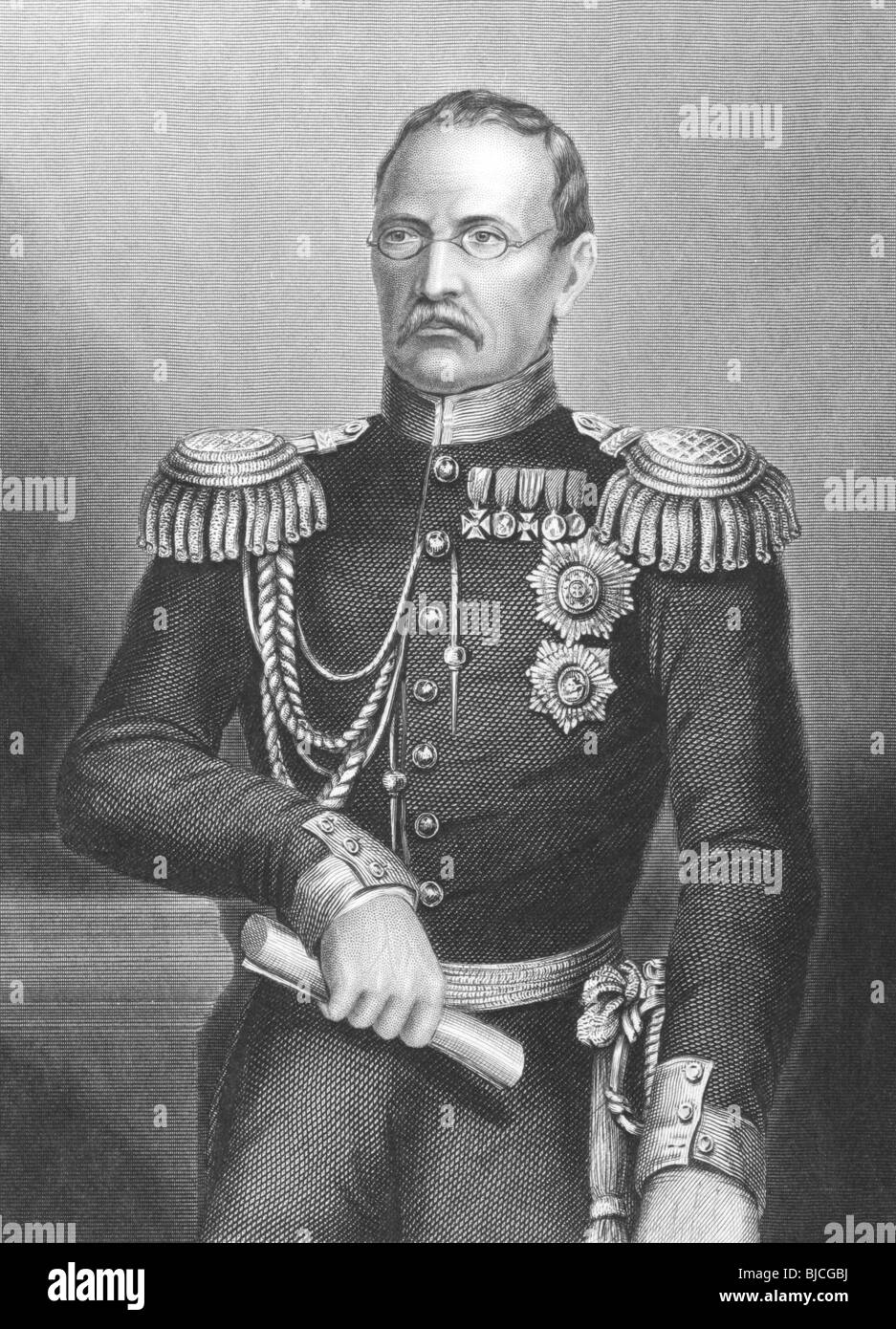 Prince Mikhail Dmitrievich (1795-1861) on engraving from the 1800s. Russian General of Artillery. Stock Photo