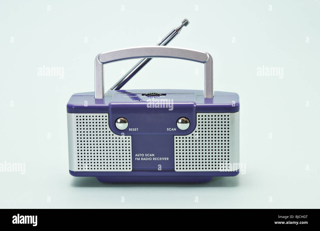 FM radio receiver with antenna on light blue background Stock Photo