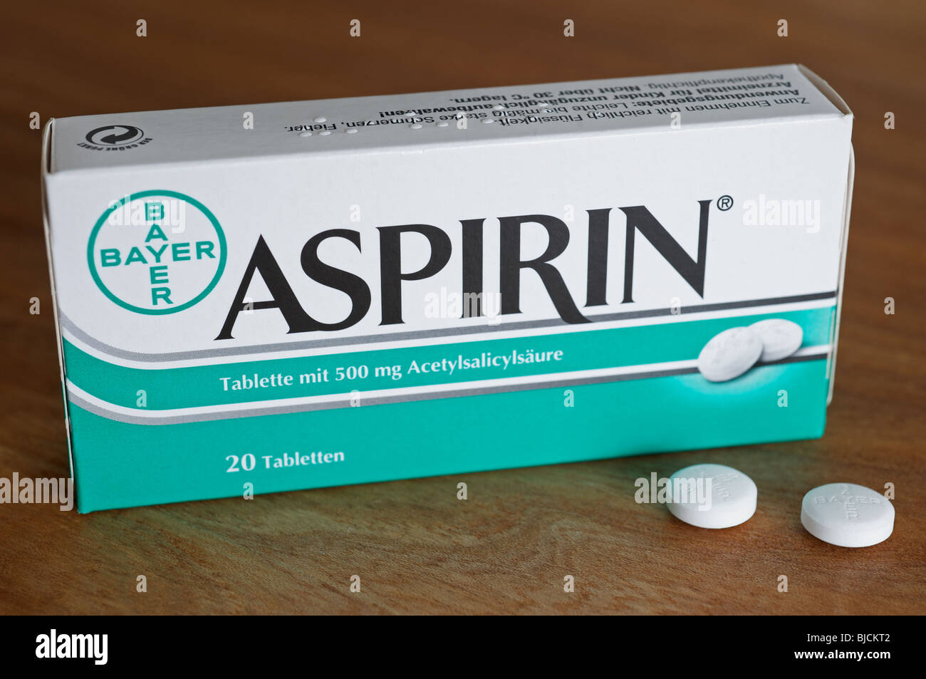 Box of aspirins manufactured by German pharmaceuticals company Bayer Stock Photo