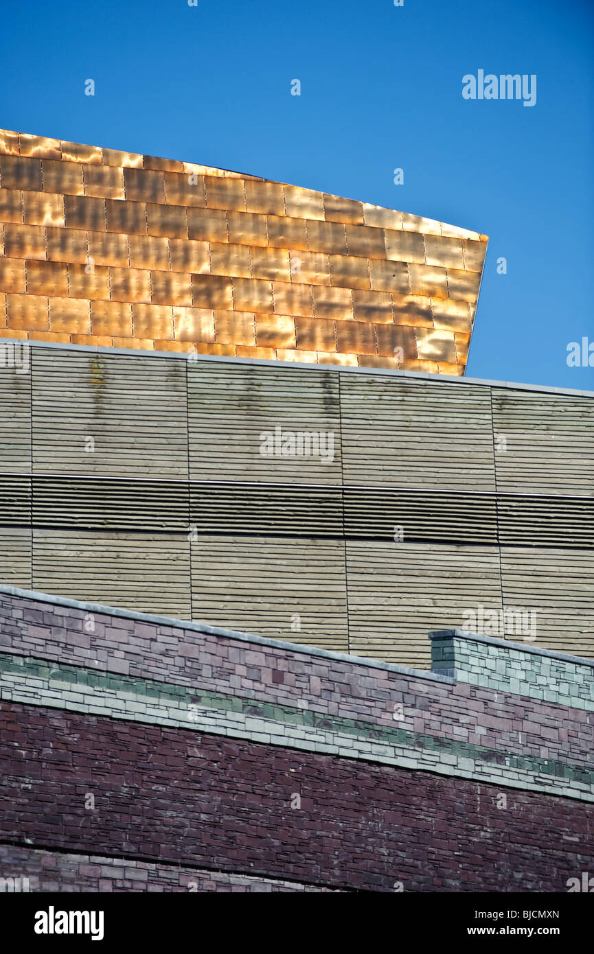 The Copper, Wood and welsh slate exterior cladding of the Wales Millennium Centre, cardiff wales UK Stock Photo