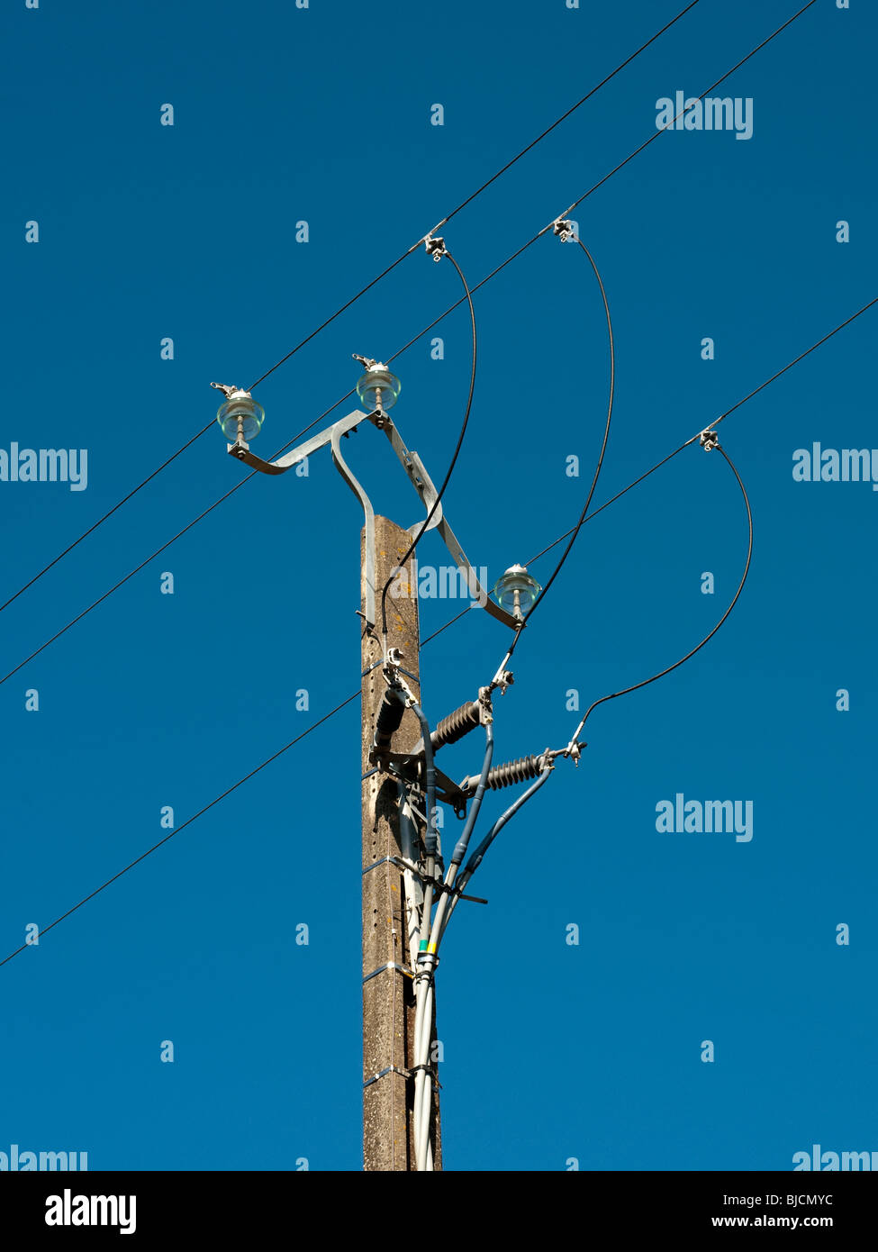 3phase electricity supply post and wires France Stock Photo Alamy