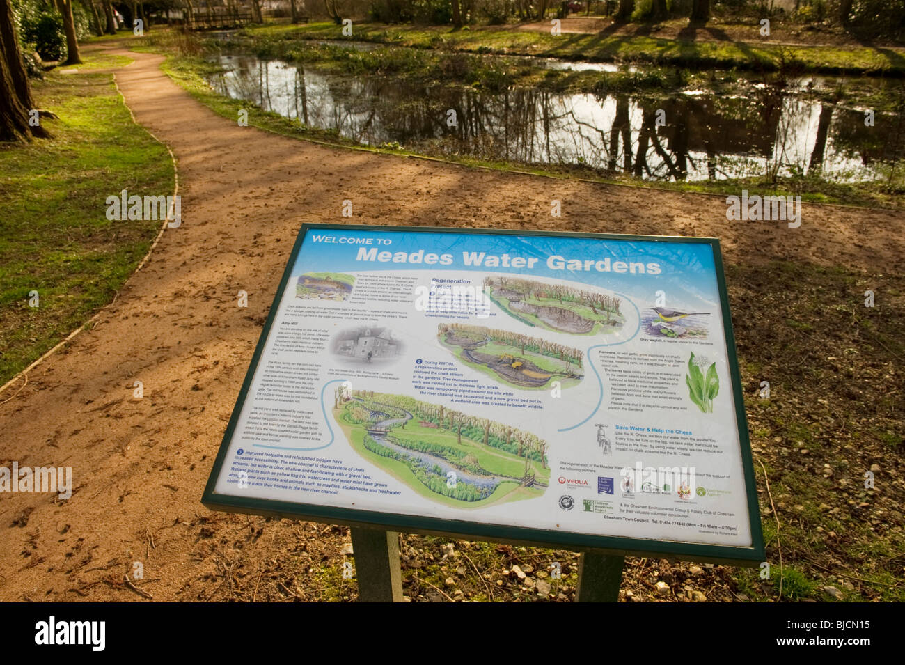 Meades water gardens public park information board in Chesham