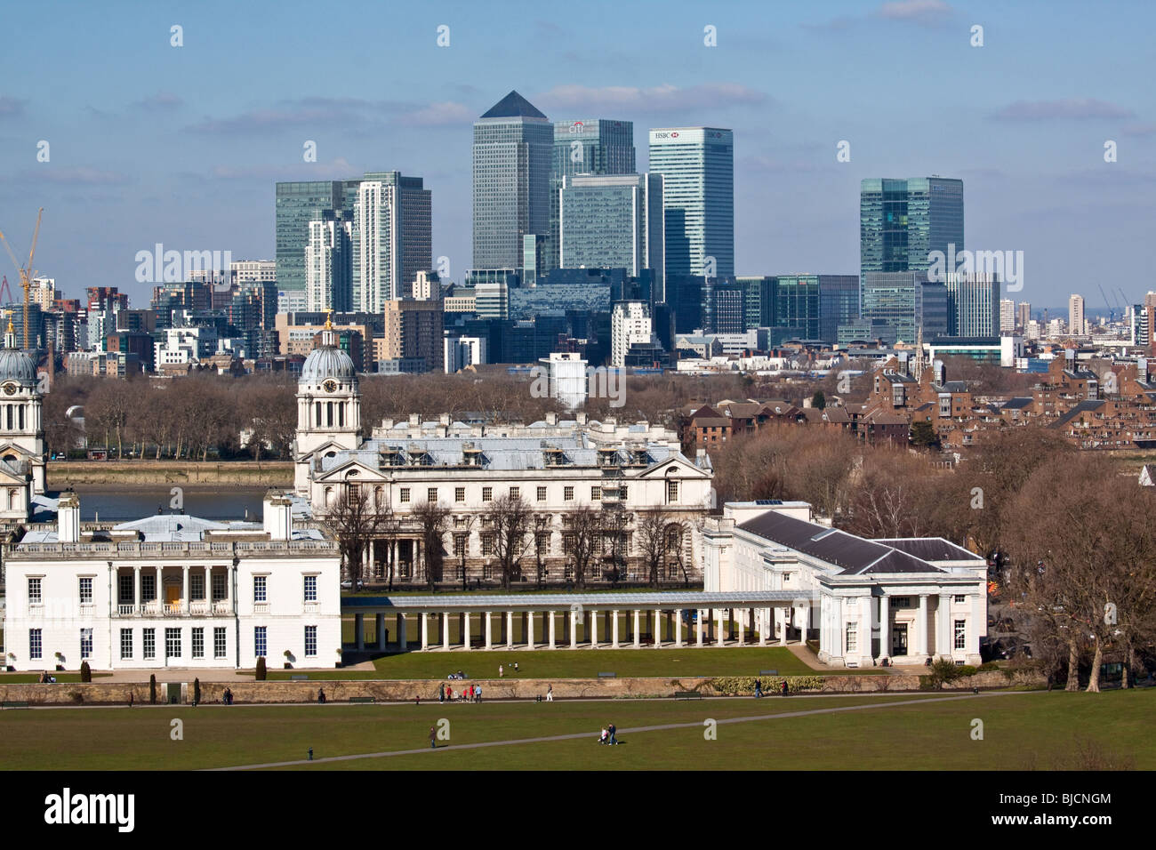 View from Greenwich over Queens House Royal Naval College and Canary Wharf Stock Photo
