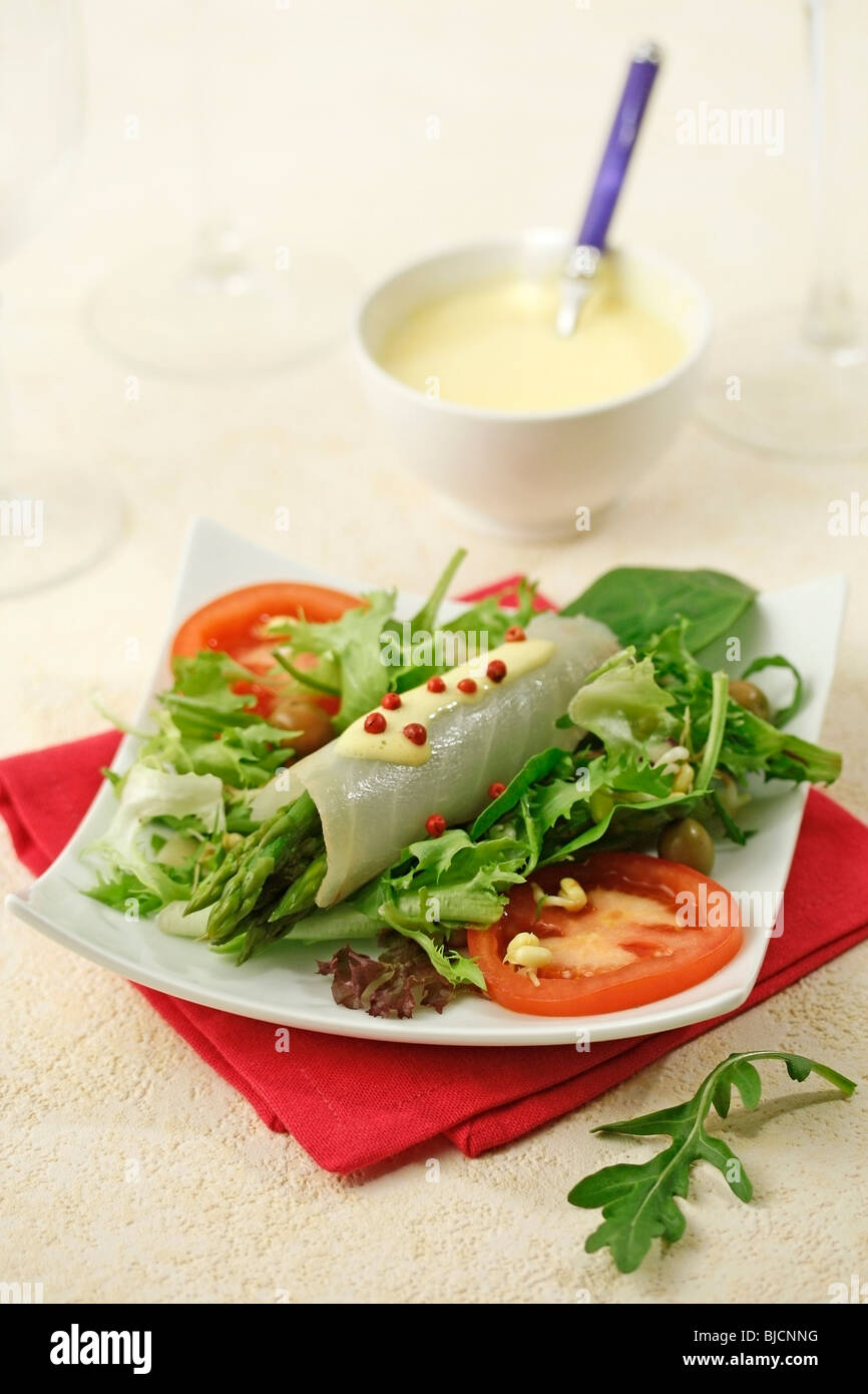 Cod salad with asparagus. Step by step: PA487J-PA4880-PA4889-PA488W Stock Photo