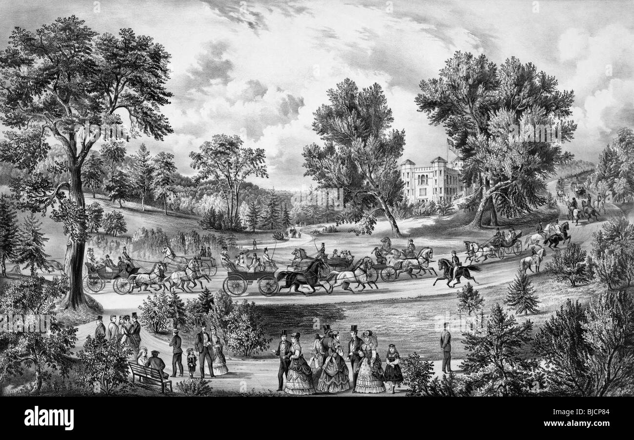 Black and white lithograph print circa 1869 by Currier & Ives entitled 'The Grand Drive - Central Park New York'. Stock Photo