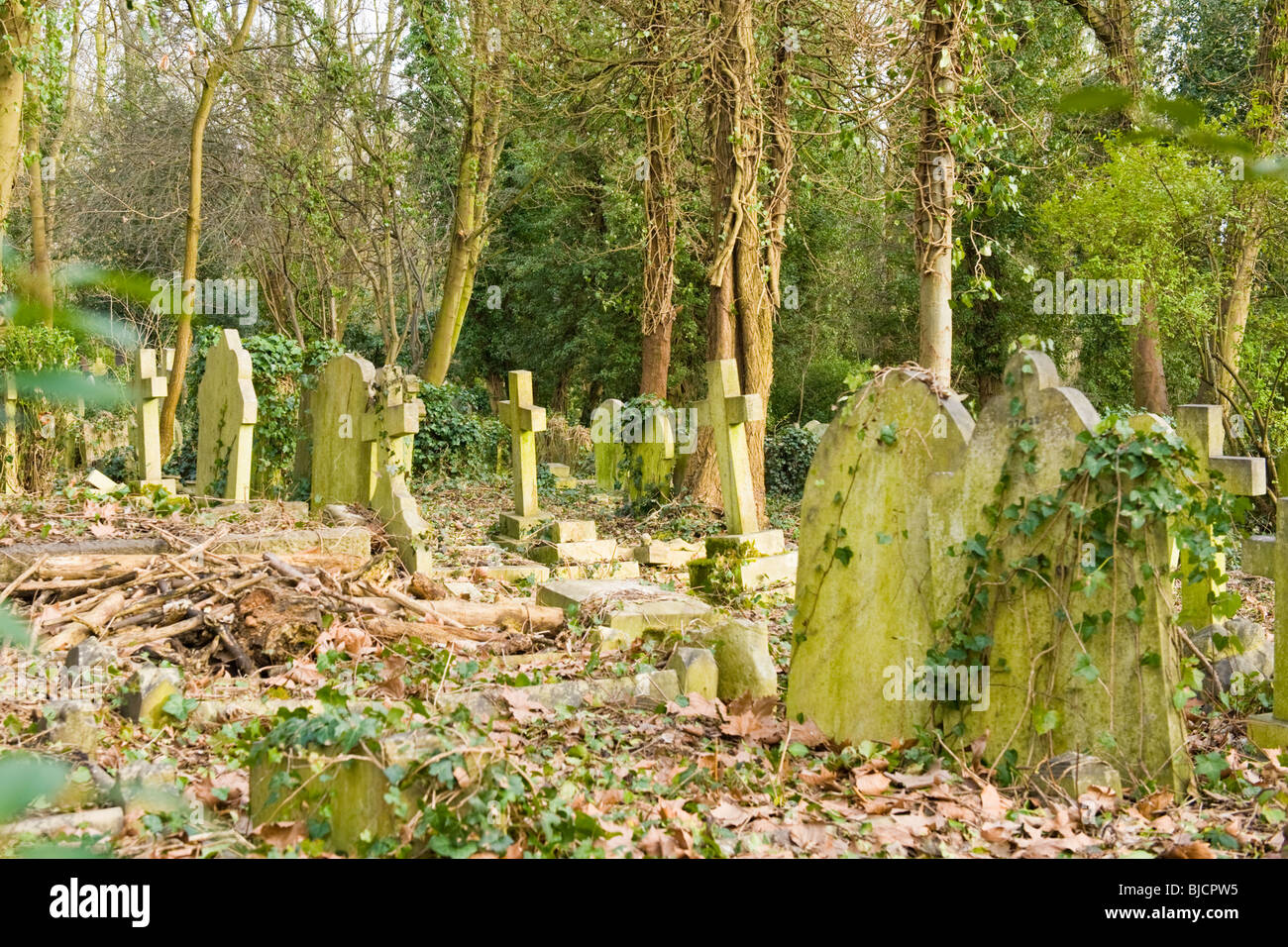 Highgate Cemetery , London , random headstones & graves in disrepair Stock Photo