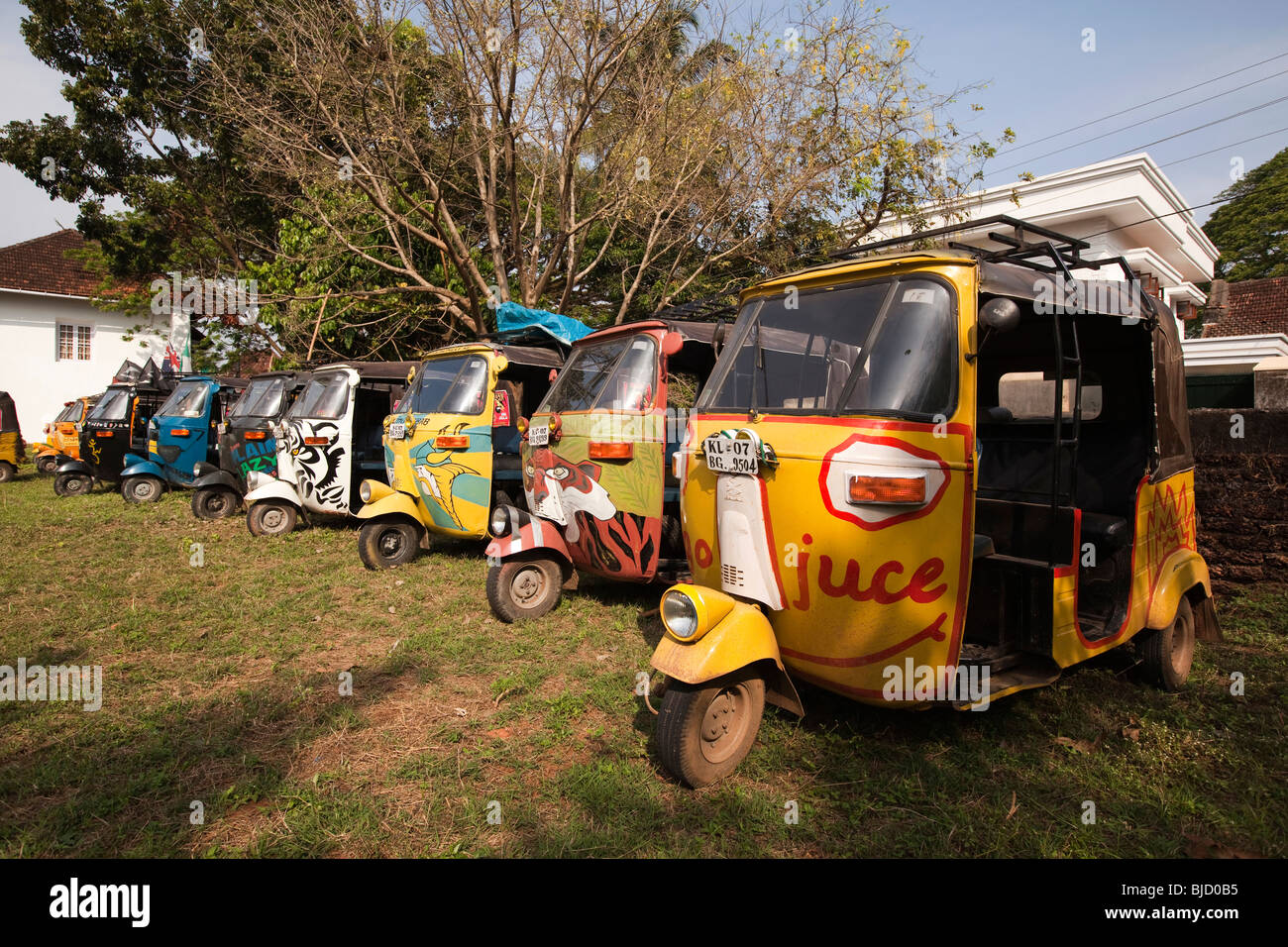 India, Kerala, Kochi, Fort Cochin, Adventurists Pokhara to Cochin Rickshaw Run vehicles at end of run Stock Photo