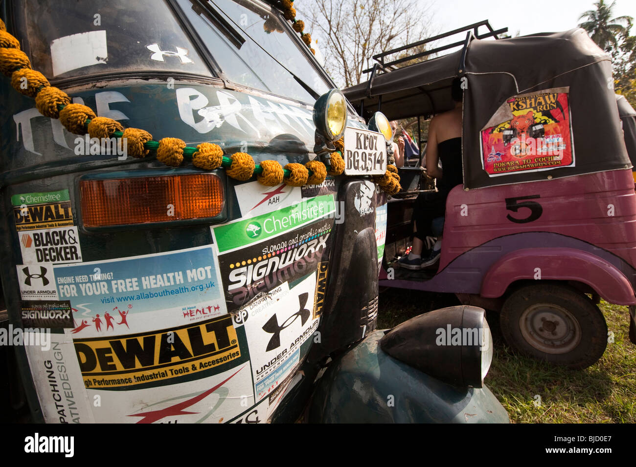 India, Kerala, Kochi, Fort Cochin, Adventurists Pokhara to Cochin Rickshaw Run vehicles at end of journey Stock Photo