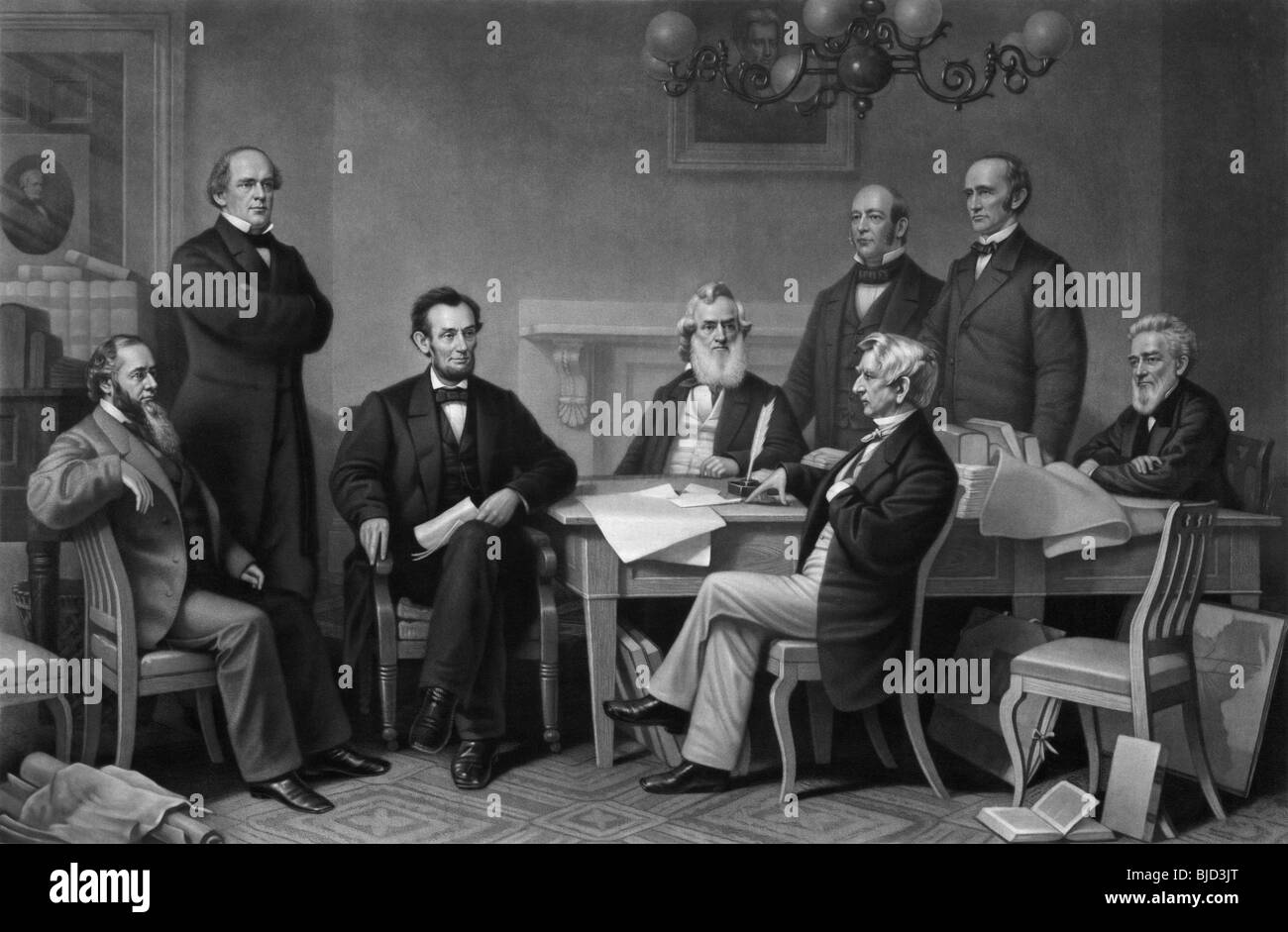 Black and white engraving print circa 1866 entitled "The first reading of the Emancipation Proclamation before the Cabinet". Stock Photo