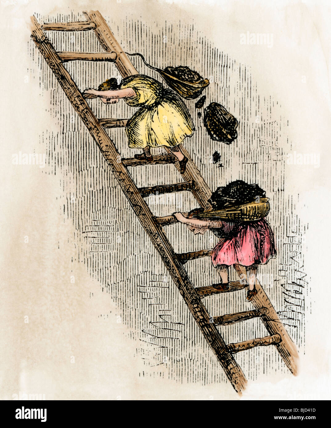 Women coal-bearers in the East Scotland mines, 1850s. Hand-colored woodcut Stock Photo