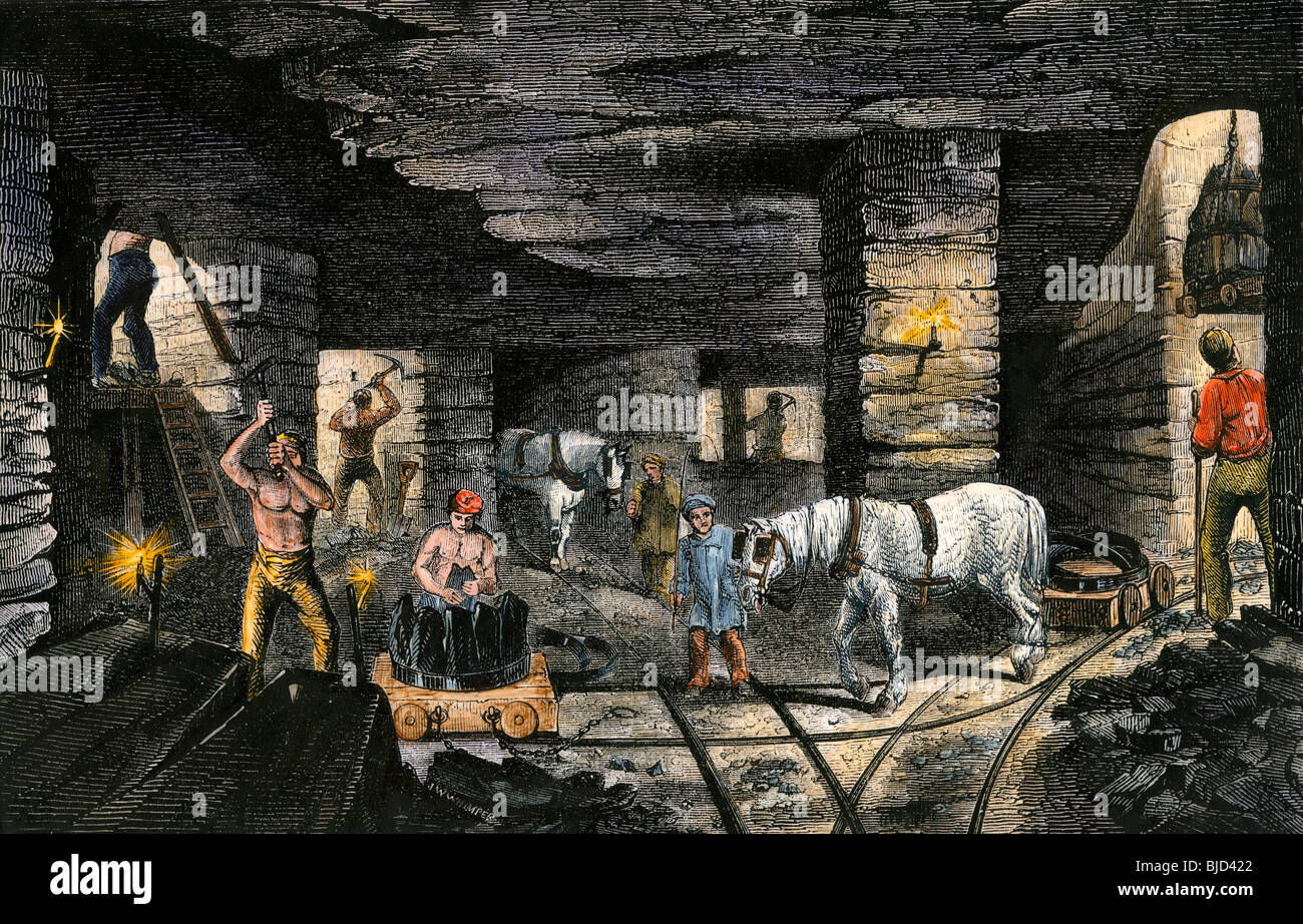 Removing coal in the Bradley mine, Staffordshire, England, 1850s. Hand-colored woodcut Stock Photo
