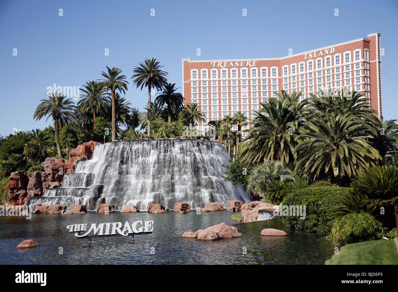 Treasure Island Hotel and Mirage Hotel and Casino in Las Vegas, Nevada, USA Stock Photo