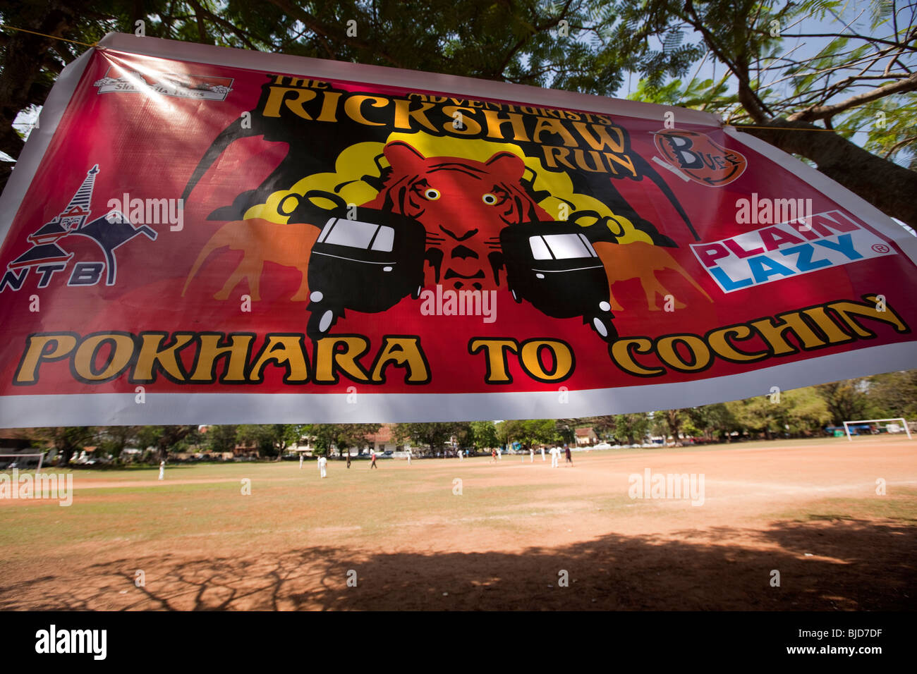 India, Kerala, Kochi, Fort Cochin, Adventurists Pokhara to Cochin Rickshaw Run banner Stock Photo