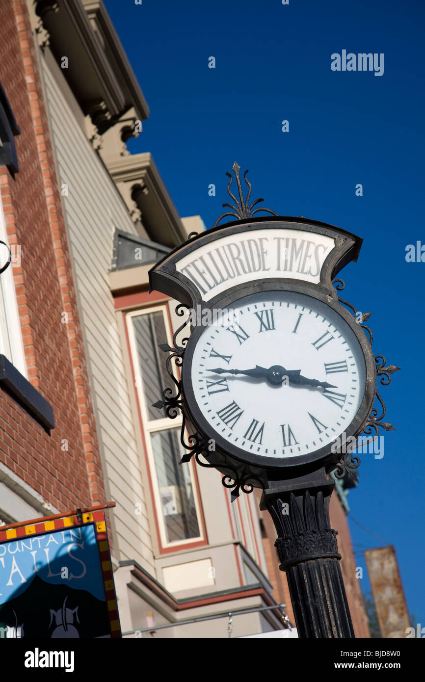 Old clock along Colorado Avenue in Telluride, Colorado. Stock Photo