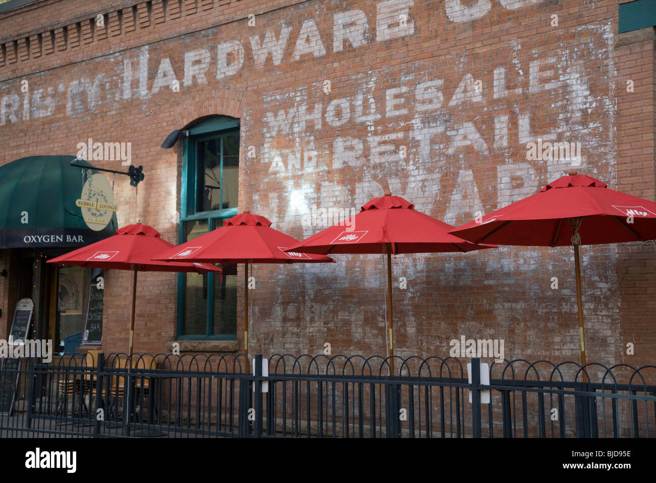 Sidewalk cafe umbrellas in Telluride, Colorado. Stock Photo