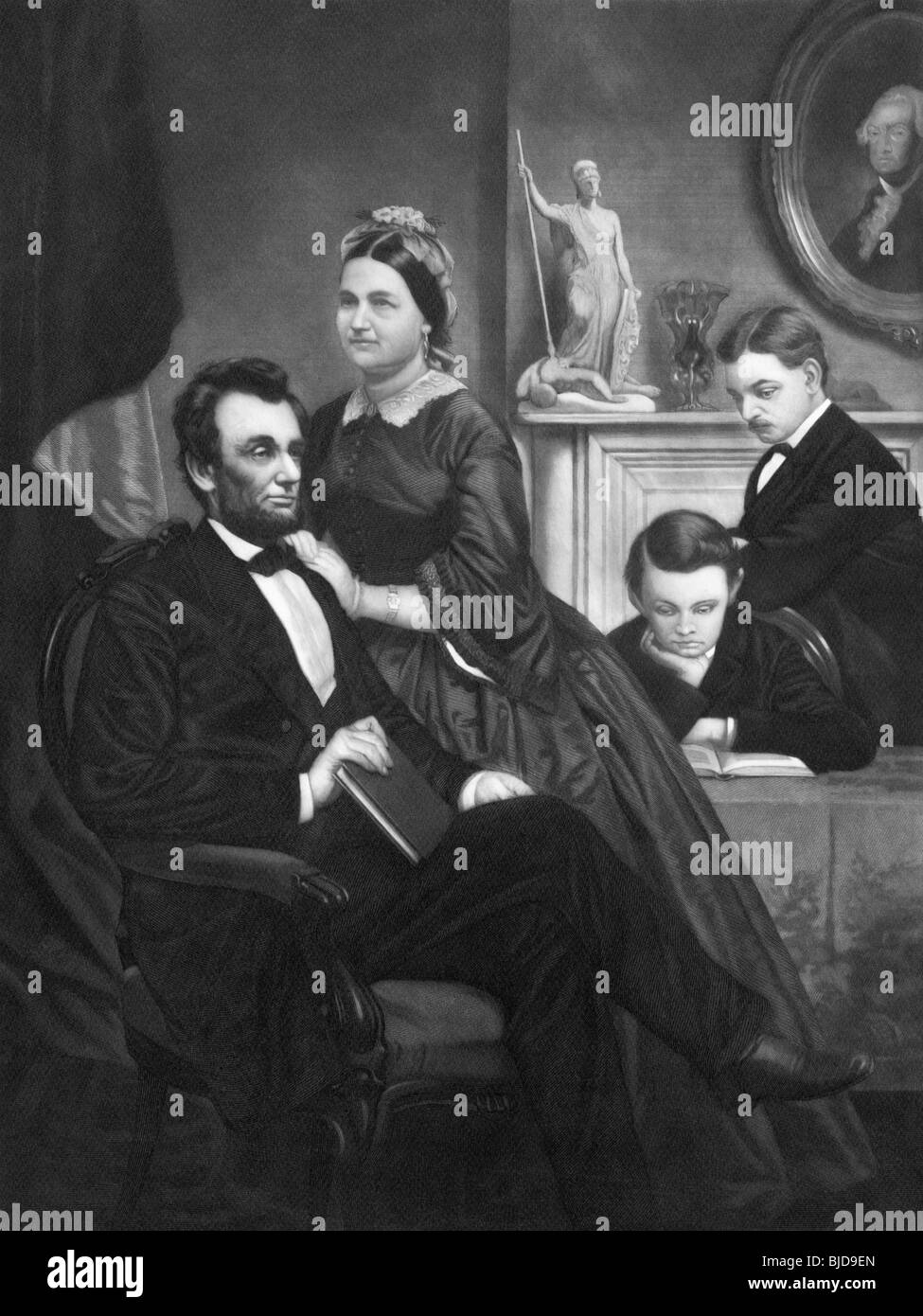 Black and white engraving print c1860s of US President Abraham Lincoln at home with his wife Mary and sons Thomas and Robert. Stock Photo