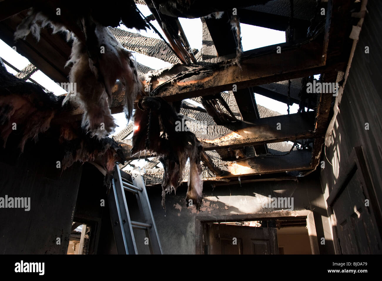Roof timbers exposed after fire in loft area of house Stock Photo