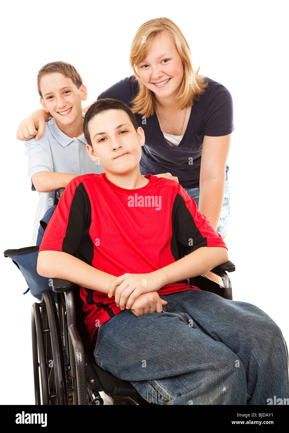 Disabled boy in wheelchair with his brother and sister. Isolated on