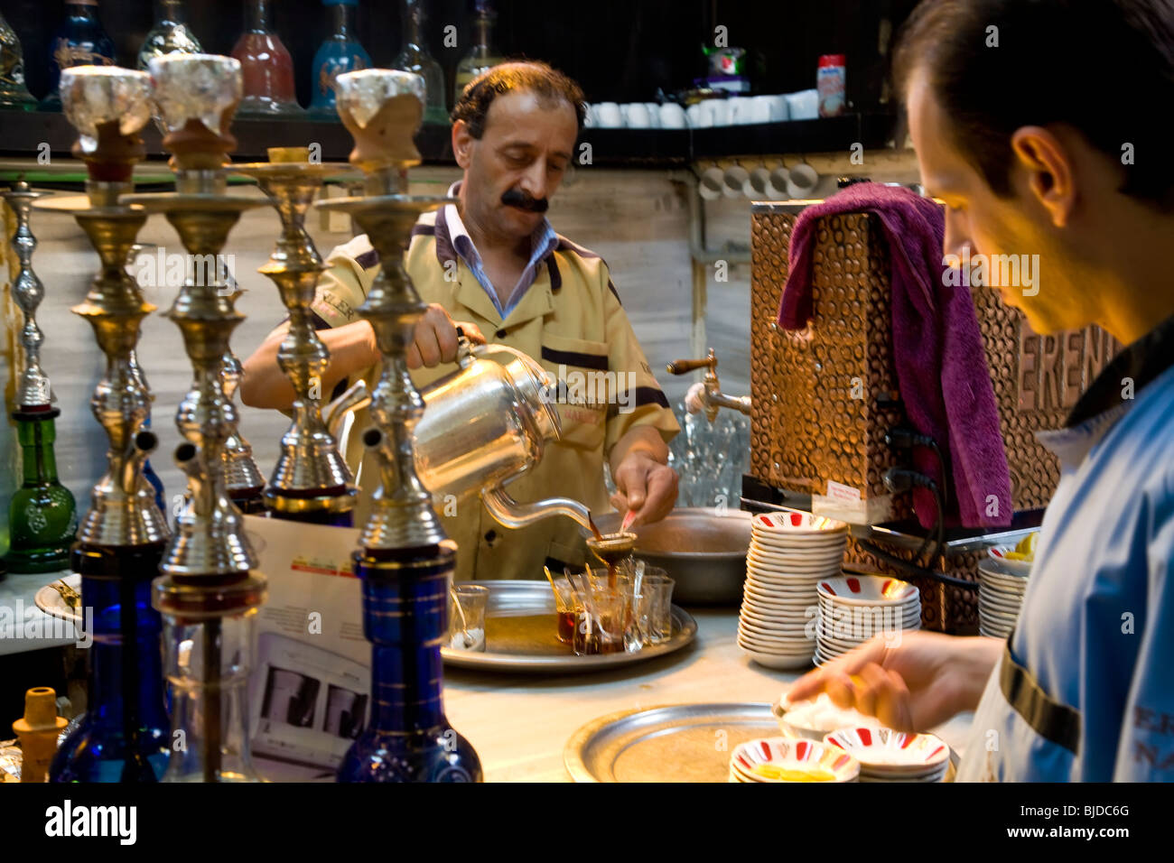Making Turkish tea,Tea house, (Hookah or water pipes on counter),Istanbul, Turkey Stock Photo