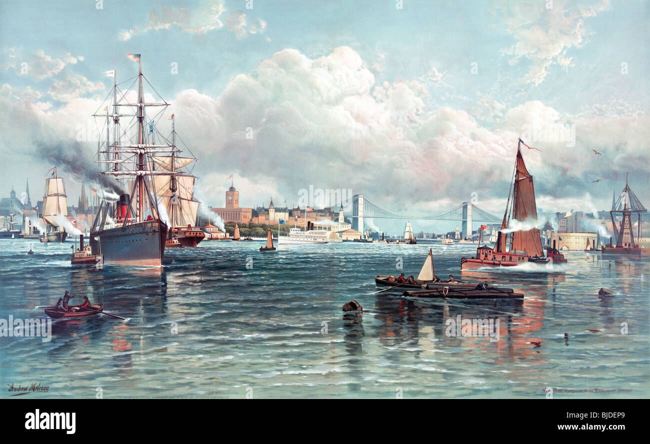 Vintage lithograph colour print circa 1887 of New York Harbour with Brooklyn Bridge in the background. Stock Photo