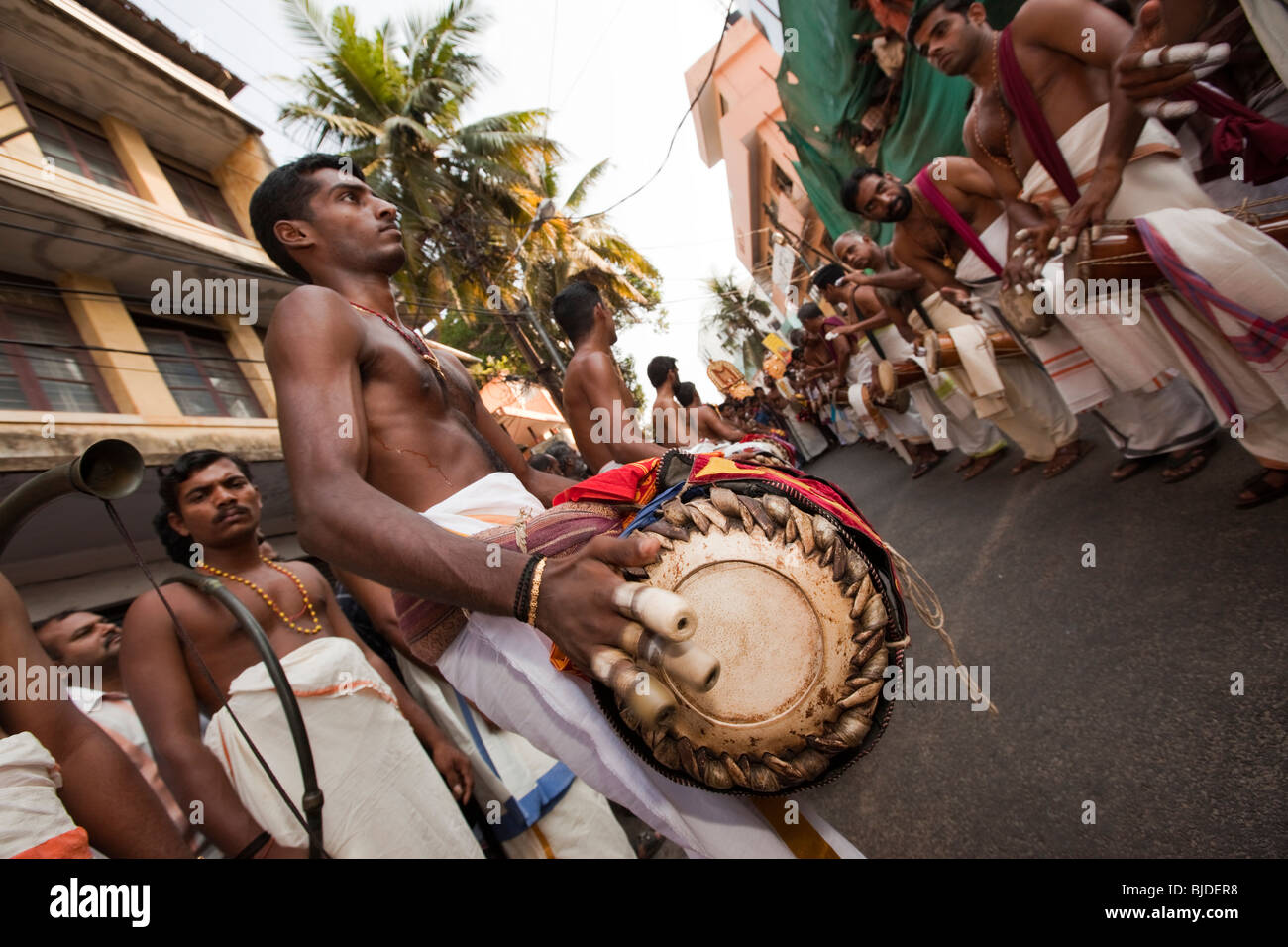India, Kerala, Ernakulam, Uthsavom festival, Panchavadyam orchestra drummers playing timila, maddalam, ilathalam idakka drums Stock Photo