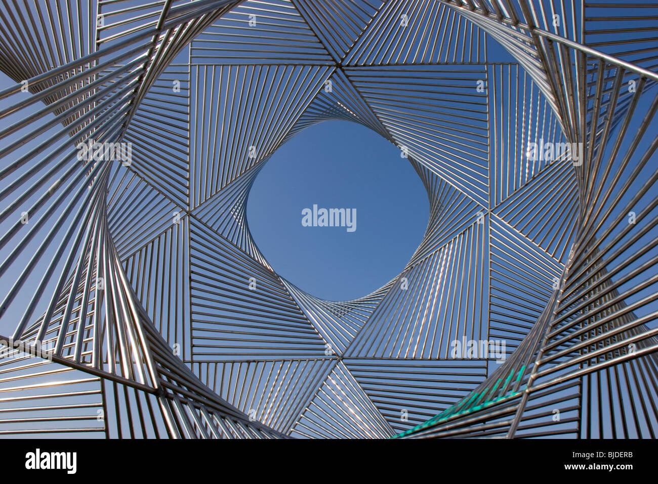 Stainless steel sculpture at entrance to marina at Lausanne Switzerland near Olym pic park Stock Photo