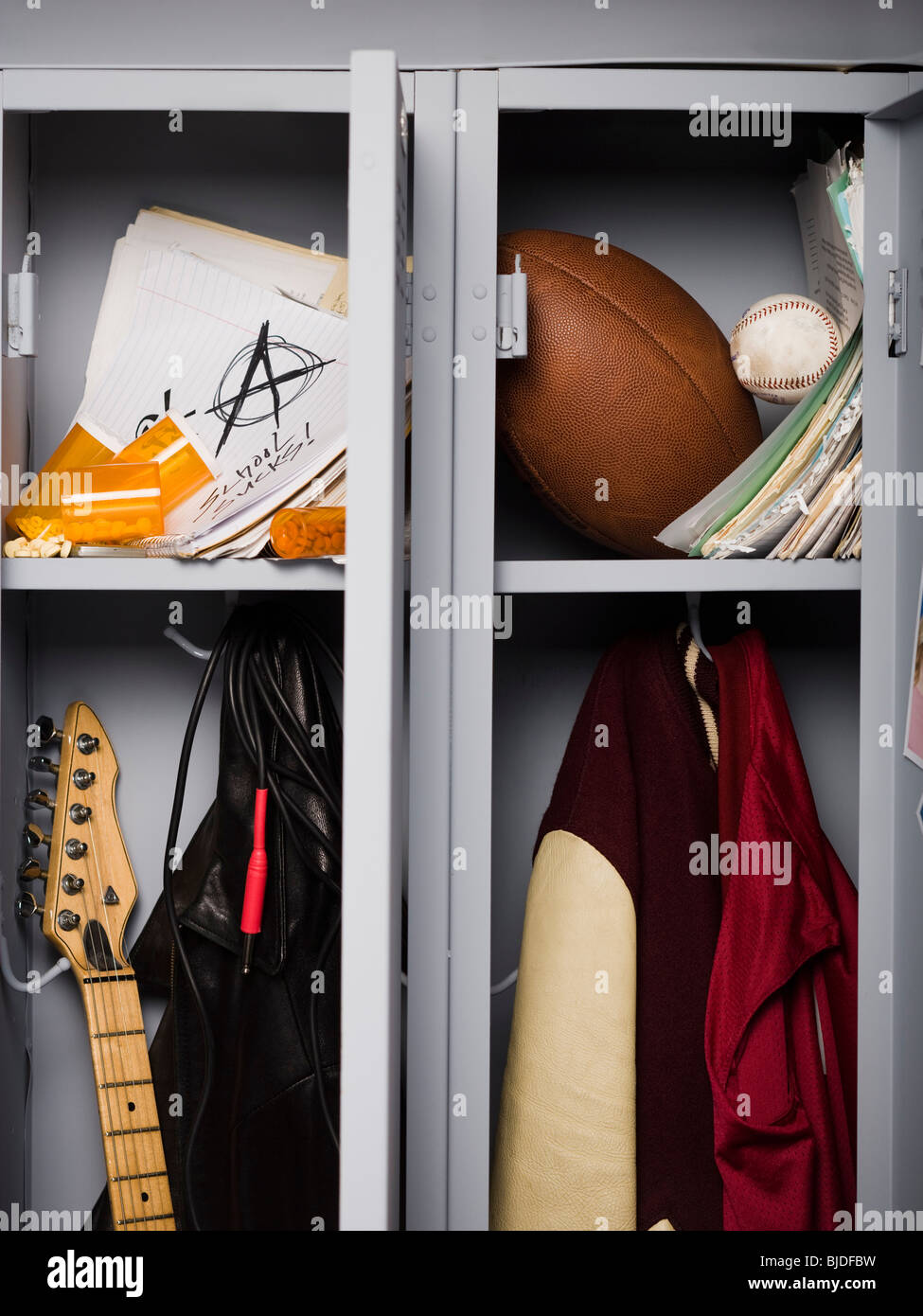 Contents of high school lockers. Stock Photo