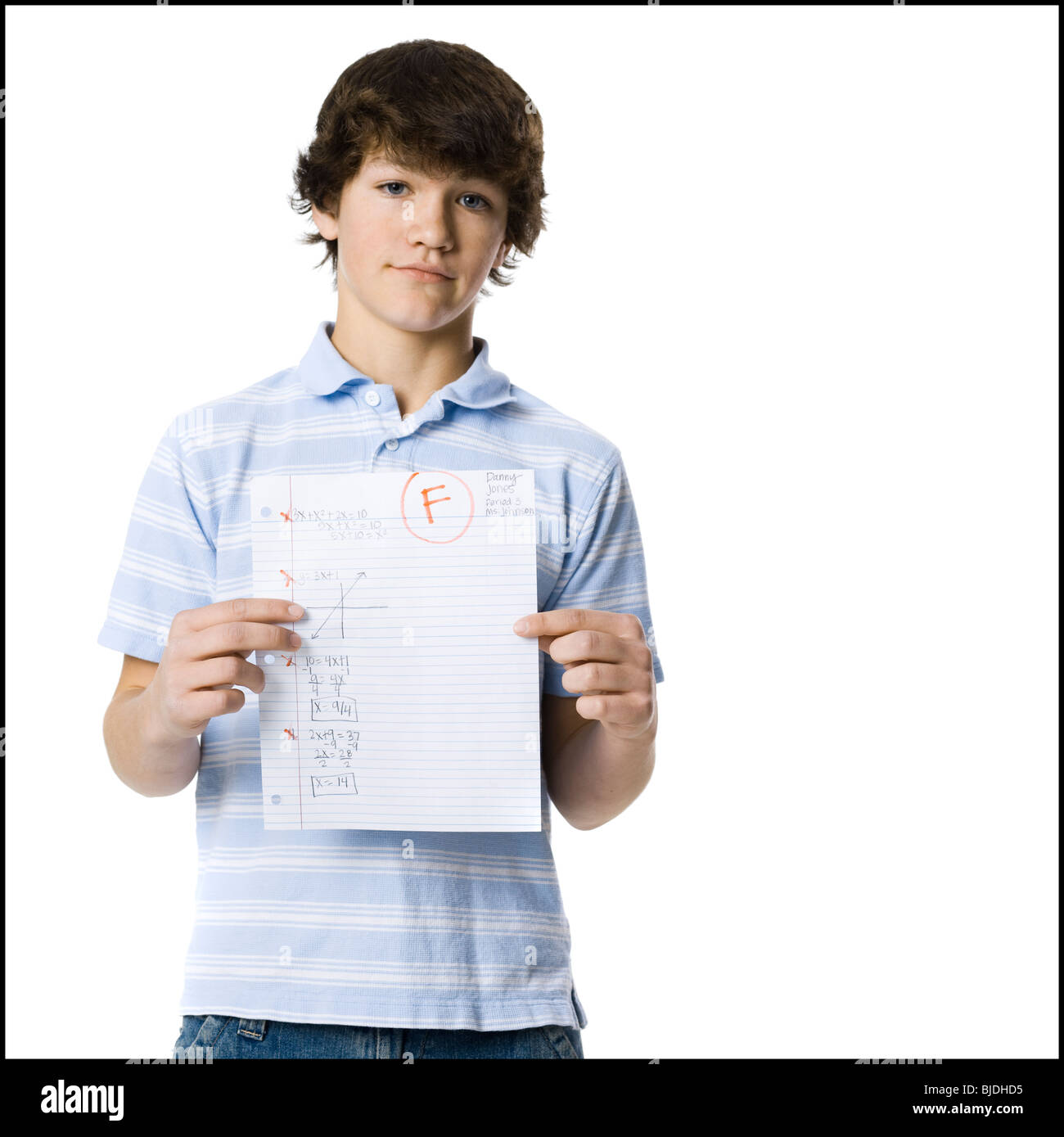 young man showing the grade he received Stock Photo