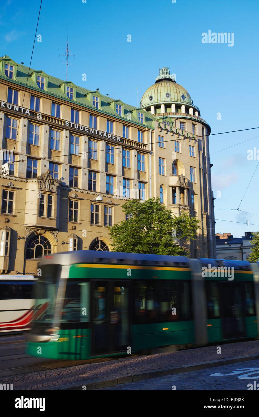 Tram passing in front of Art Nouveau architecture, Helsinki, Finland Stock Photo