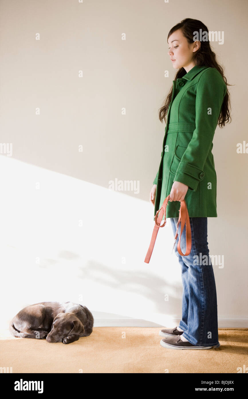 young woman with a brown puppy Stock Photo