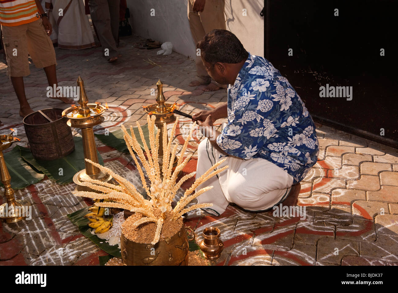 India, Kerala, Kochi, Ernakulam Uthsavom festival, men preparing Para and temple lamps ready for puja Stock Photo