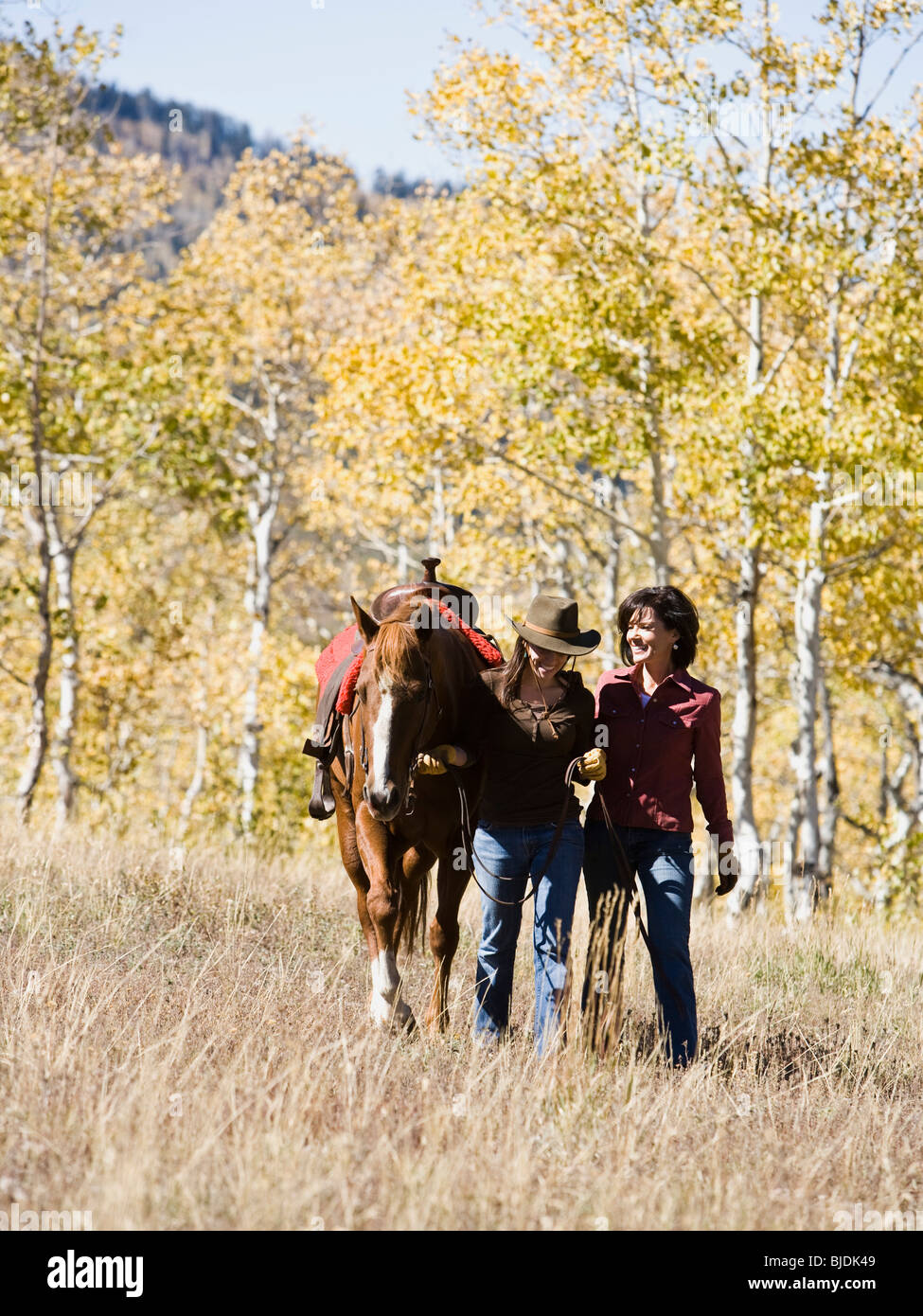 two women with a horse Stock Photo