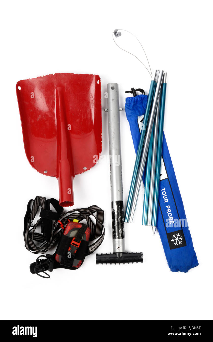 Basic avalanche search & rescue kit: a snow shovel, a collapsible snow  probe and an avalanche tranceiver/beacon Stock Photo - Alamy