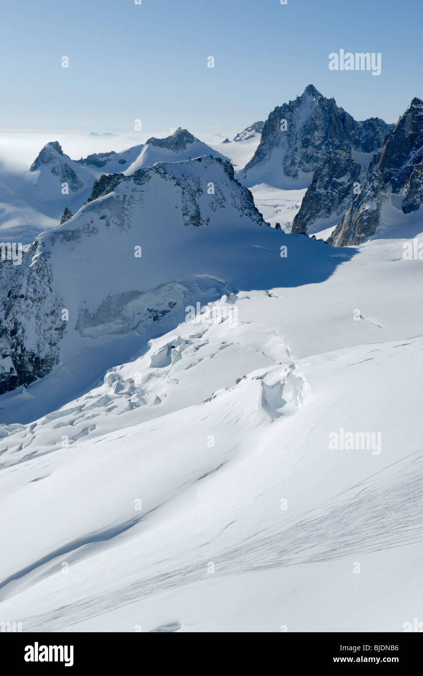 Le Vallee Blanche glacial skiing route seen from above. Tour Ronde in distance. Chamonix, France Stock Photo